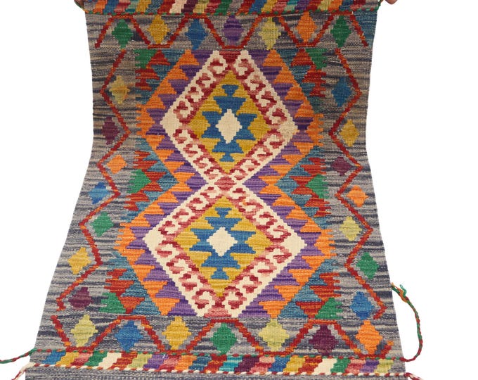 2 X 3 ft Handmade Geometrical Killim Rug, Muilty, Wool
