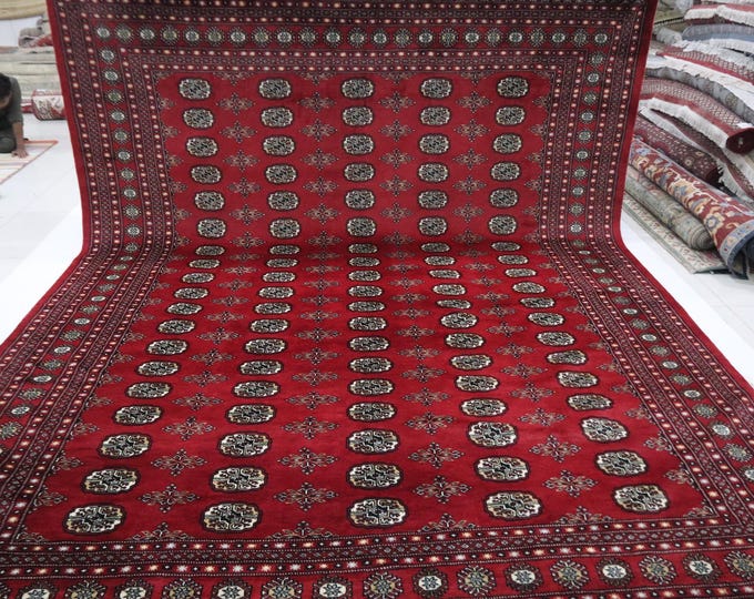 9x12 Ft Hand Knotted Mori Bokhara Wool Rug, Red Geometric Tribal Rug