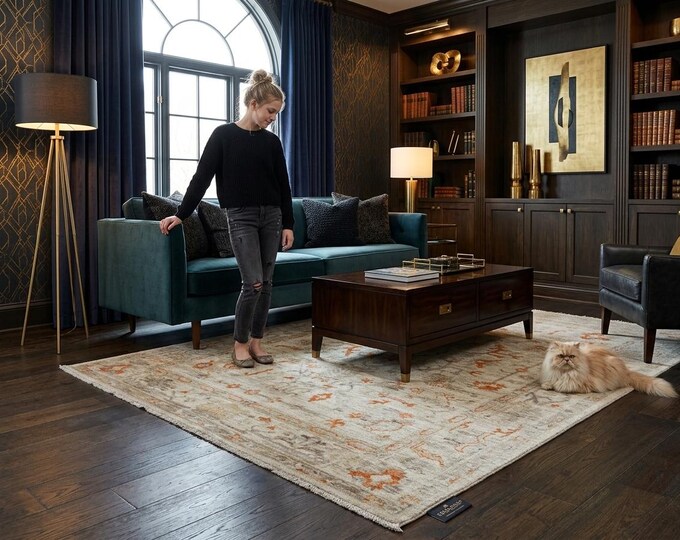 6.0 X 8.9 ft Beige Floral Handmade ,Oshak Wool