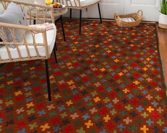 Hand-knotted Baluchi Brown and Rainbow, 3.93 x 6.56 ft