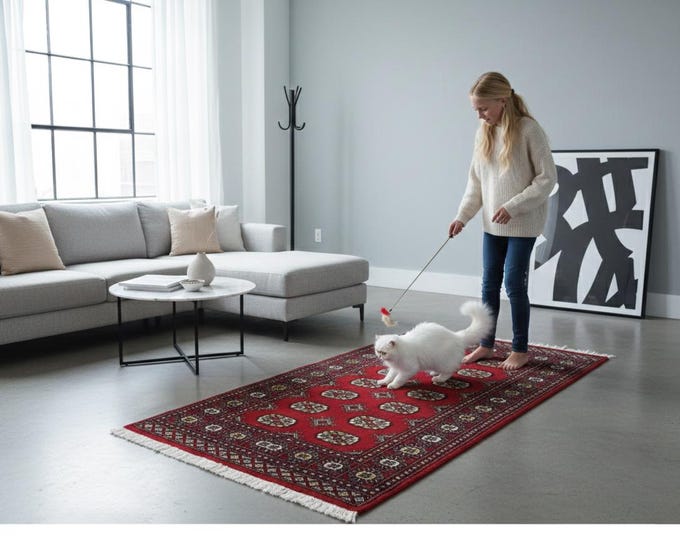 3.2 X 5.2 ft Red Geomatrical Handmade Runner, Mori Bokhara Cotton and Wool