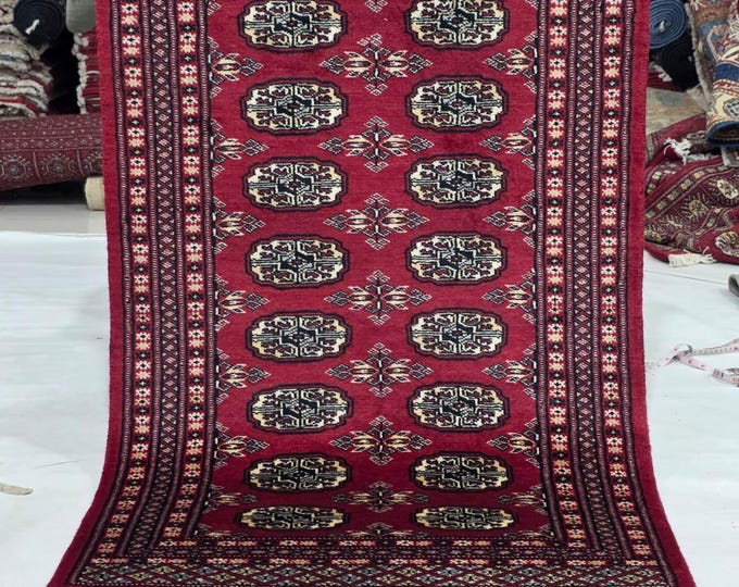 2.5 X 4 ft Red Geometrical Handmade, Mori Bokhara Cotton and Wool