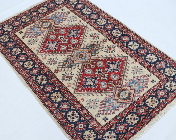2.5 X 4 ft Handmade Geometrical Super Kazak Rug, Beige and Blue, Cotton and Wool