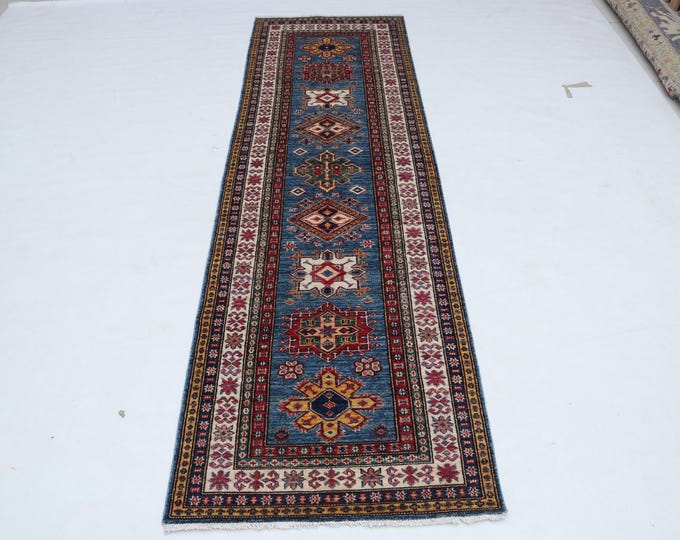 2 X 8 ft Blue and Beige Geomatrical Handmade Runner, Super Kazak Cotton and Wool