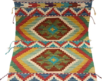 2 X 3 ft Handmade Geometrical Killim Rug, Muilty, Wool