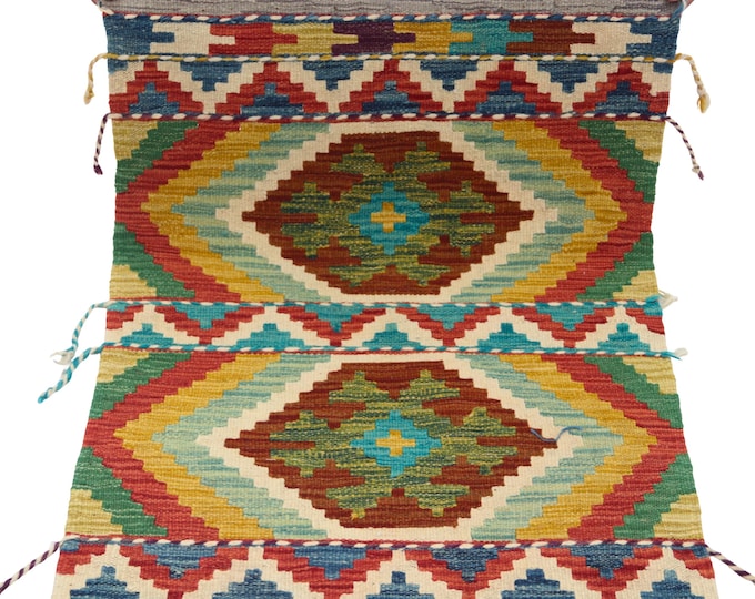 2 X 3 ft Handmade Geometrical Killim Rug, Muilty, Wool