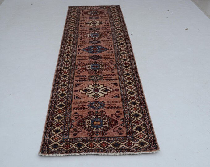 2.8 X 8.10 ft Copper and Beige Geomatrical Handmade Runner, Super Kazak Cotton and Wool