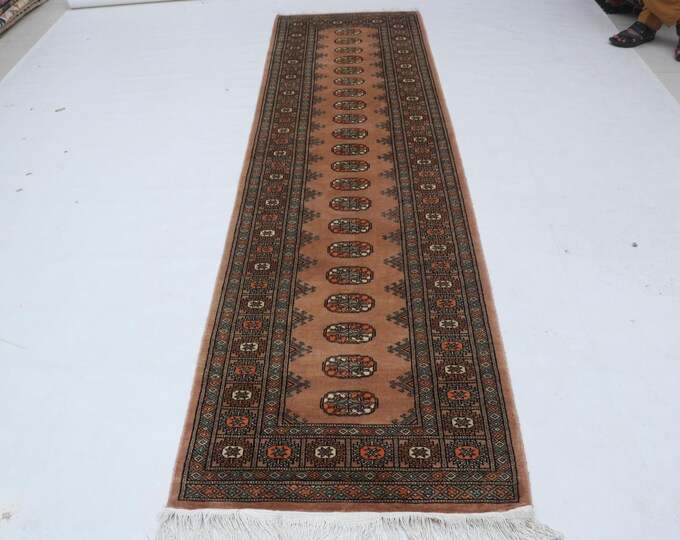2.8 X 9.9 ft Copper Geomatrical Handmade Runner, Mori Bokhara Cotton and Wool