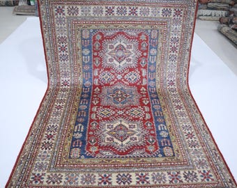 5x7 Red & Blue Kazak Rug - Afghan Wool, Organic Dye
