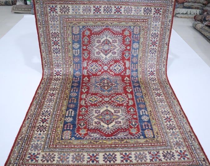 5x7 Red & Blue Kazak Rug - Afghan Wool, Organic Dye