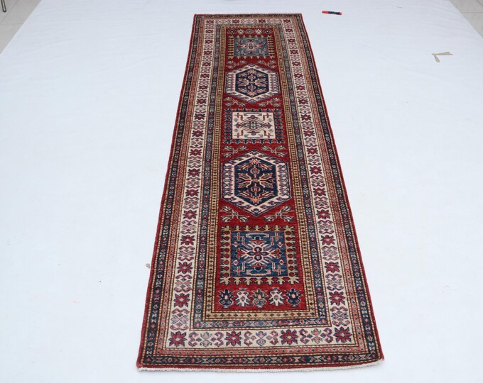 2.6 X 8.6 ft Red and Beige Geomatrical Handmade Runner, Super Kazak Cotton and Wool