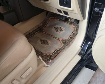 1.5 X 2 ft Geomatric Handmade Car Mats Pair, Gray Wool Car Floor Rugs, Cotton and Wool Car Mats