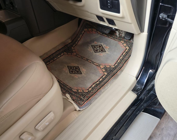1.5 X 2 ft Geomatric Handmade Car Mats Pair, Gray Wool Car Floor Rugs, Cotton and Wool Car Mats