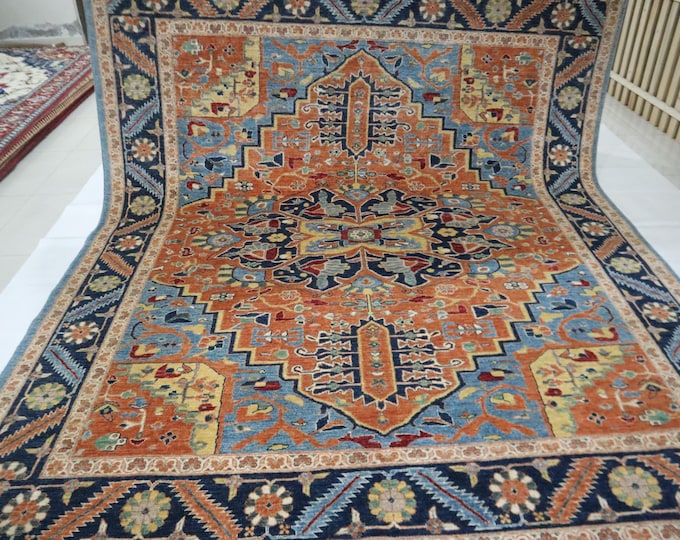 Hand Knotted 8x10 Heriz Wool Rug - Rust Blue Afghan Design