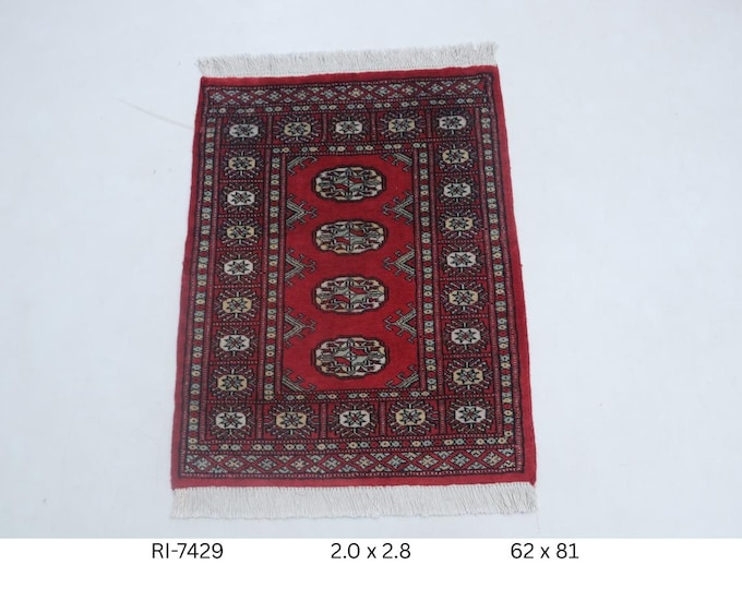 Hand-knotted Mori Bokhara Cotton and Wool Rug, Geomatrical in Red base and Red border, 2.0 x 2.8 ft