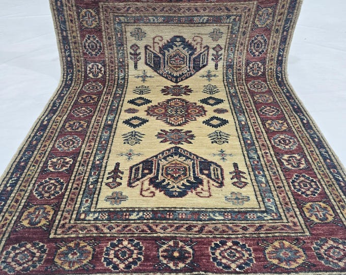 2.5 X 4 ft Handmade Geometrical Super Kazak Rug, Beige and Red, Cotton and Wool