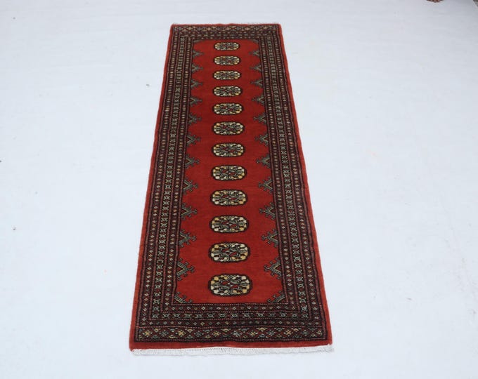 2.3 X 6.2 ft Red Geomatrical Runner Handmade, Mori Bokhara Cotton and Wool