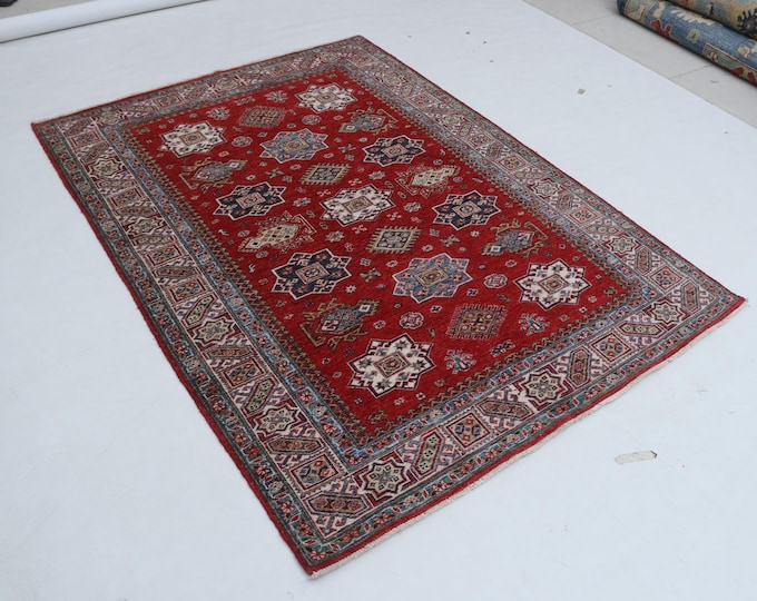 5 X 6 ft Red and Beige Geomatrical Handmade, Super Kazak Cotton and Wool