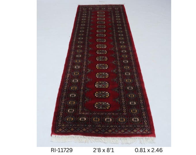 Hand Knotted Mohri Bokhara Rug, Red Geometric Wool Touch, 2.8 x 8.1 ft
