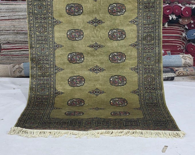 4 X 6 ft Green Geometrical Handmade, Mori Bokhara Cotton and Wool
