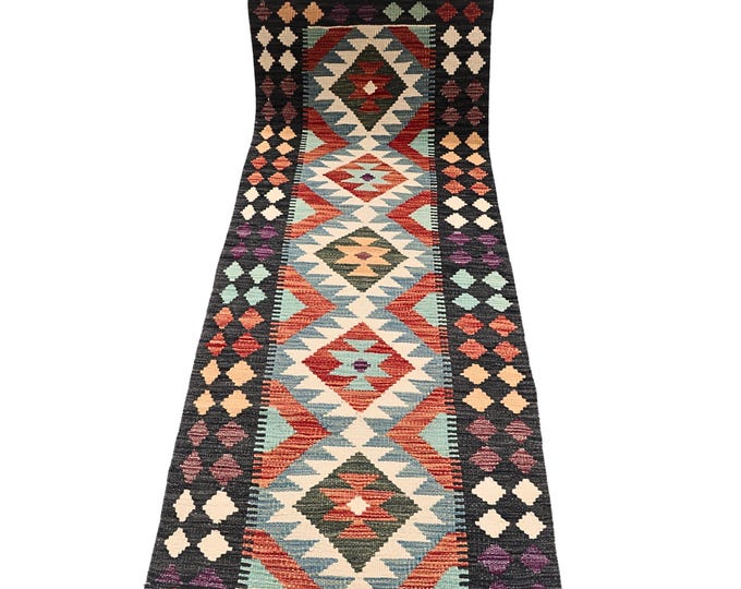 2.5 X 6.5 ft Runner Handmade Geometrical Killim Rug, Muilty, Wool