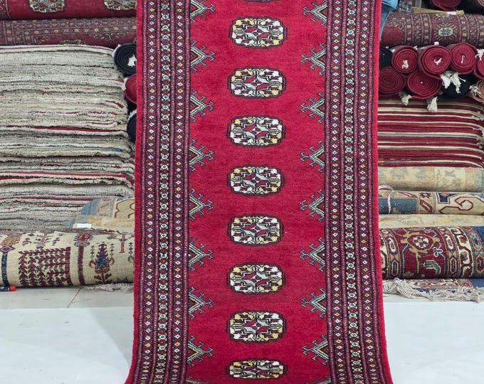 2 X 6 ft Red Geometrical Handmade Runner, Mori Bokhara Cotton and Wool