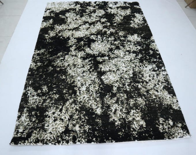 Hand Knotted Wool Area Rug, 6x9 Black and White Abstract Rug
