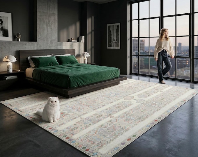 9.10 X 13.8 ft Beige Floral Handmade ,Heriz Cotton and Wool