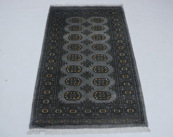 3.0 X 4.11 ft Gray Geomatrical Handmade Runner, Mori Bokhara Cotton and Wool