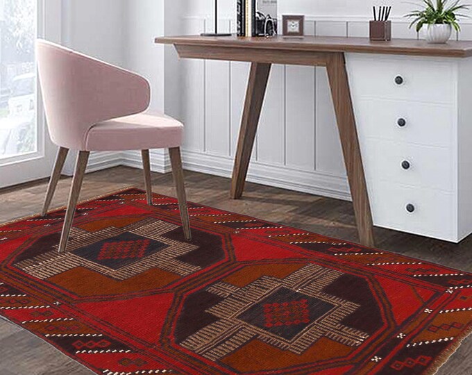 Hand-knotted Baluchi in Black and Orange 2.95 x 4.59 ft