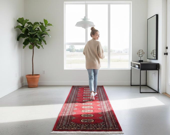 2.2 X 6.3 ft Red Geomatrical Runner Handmade, Mori Bokhara Cotton and Wool