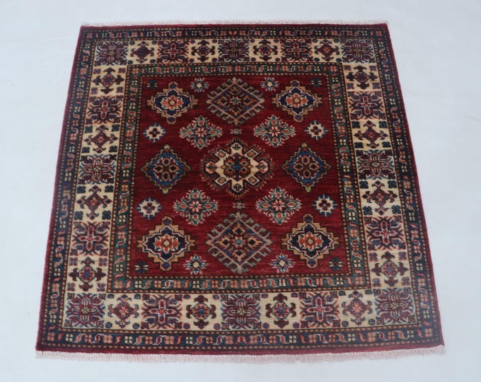 3.5 X 3.4 ft Red and Beige Geomatrical Handmade , Super Kazak Cotton and Wool