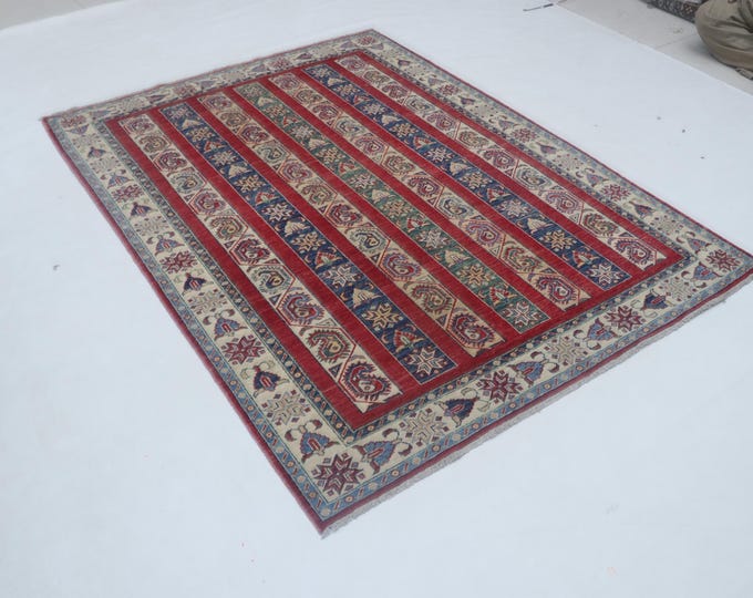Hand-knotted Super Kazak Cotton and Wool Rug, Geomatrical in Red base and Beige border, 5.0 X 6.6 ft