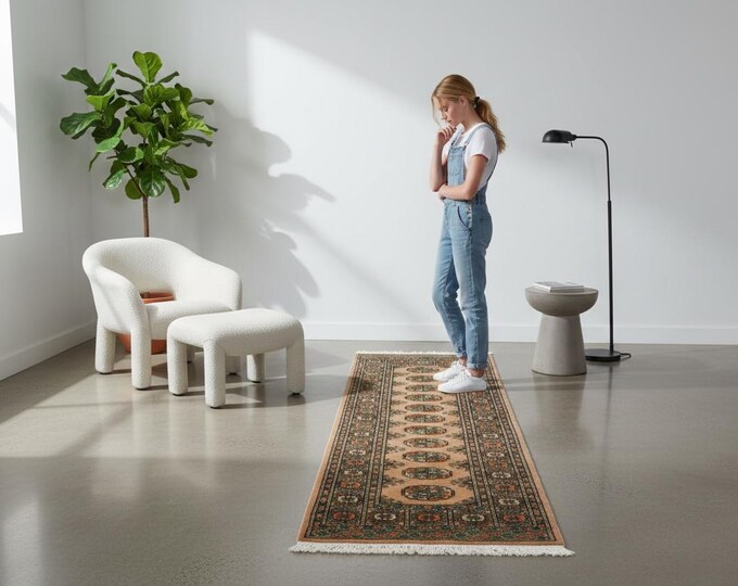 2.0 X 5.1 ft Copper Geomatrical Runner Handmade, Mori Bokhara Cotton and Wool