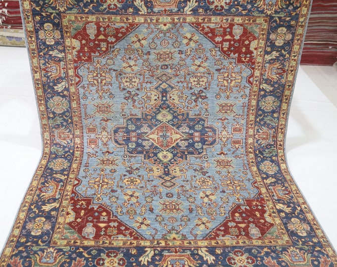5x7 Blue Heriz Wool Rug – Handmade Afghan Medallion Rug