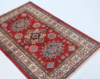 2.5 X 4 ft Handmade Geometrical Super Kazak Rug, Red and Beige, Cotton and Wool