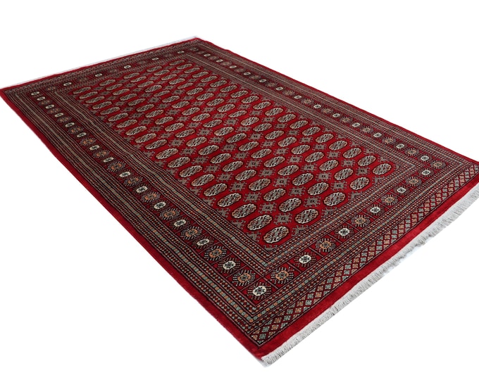 6 X 9 ft Red Geometrical Handmade , Mori Bokhara Cotton and Wool