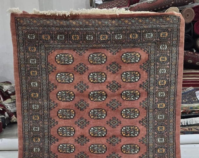 4 X 6 ft Copper Geometrical Handmade , Mori Bokhara Cotton and Wool