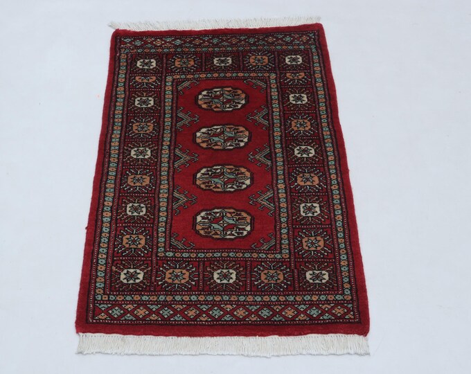 2 X 3 ft Red Geomatrical Handmade, Mori Bokhara Cotton and Wool