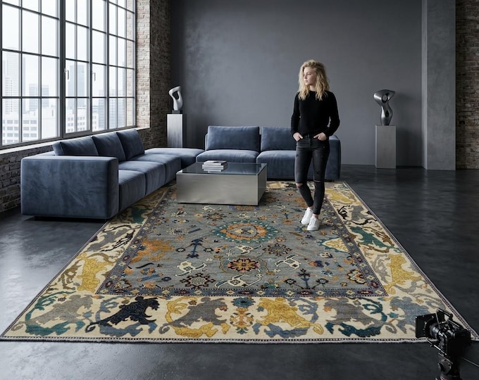 8.10 X 12.2 ft Gray and Beige Floral Handmade ,Oshak Wool