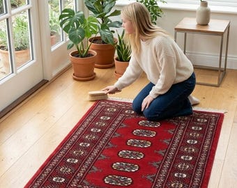 2.8 X 4.1 ft Red Geomatrical Handmade ,Mori Bokhara Cotton and Wool