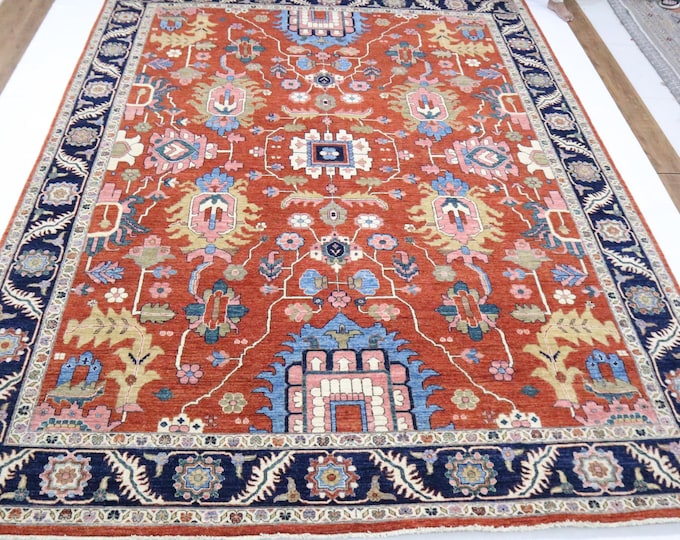9x12 Afghan Serapi Rug – Handmade Wool, Rust & Blue Geometric Design