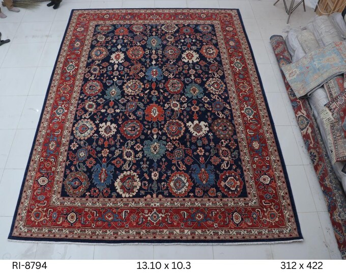 Hand-knotted Super Kazak Cotton and Wool Rug, Geomatrical in Blue base and Red border, 13.10 X 10.3 ft