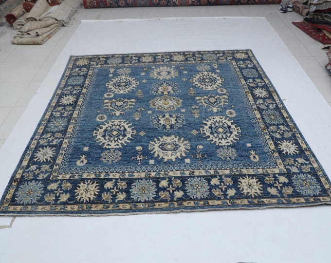 8.3 X 9.7 ft Blue Floral Handmade ,Oshak Wool