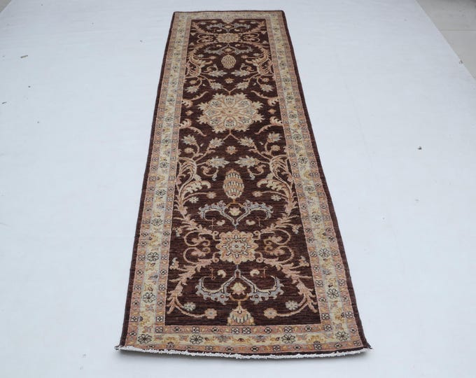 2.7 X 8.6 ft Brown and Beige Floral Handmade Runner ,Heriz Cotton and Wool