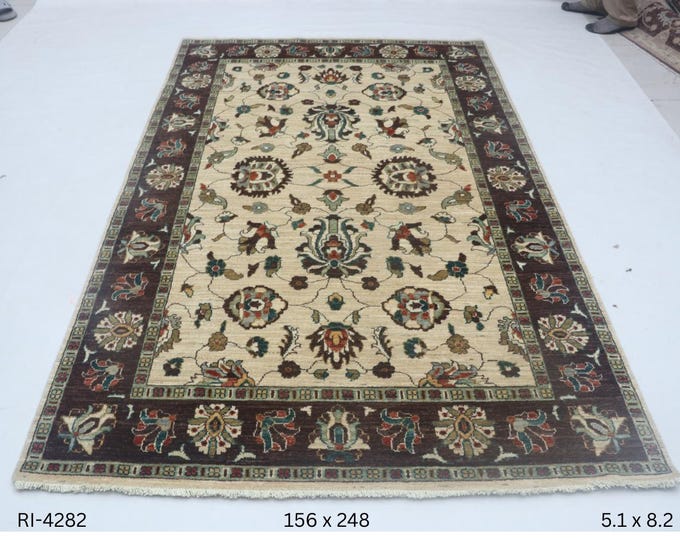 Hand-knotted Super Kazak Cotton and Wool Rug, Geomatrical in Beige base and Brown border, 5.1 X 8.2 ft