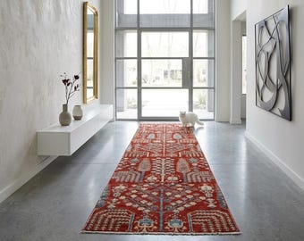 2.7 X 9.1 ft Red Floral Handmade Runner ,Heriz Cotton and Wool