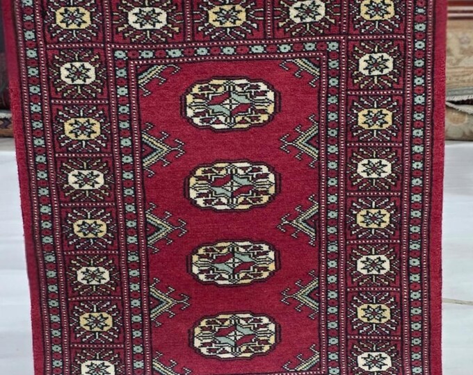 2 X 3 ft Red Geometrical Handmade, Mori Bokhara Cotton and Wool