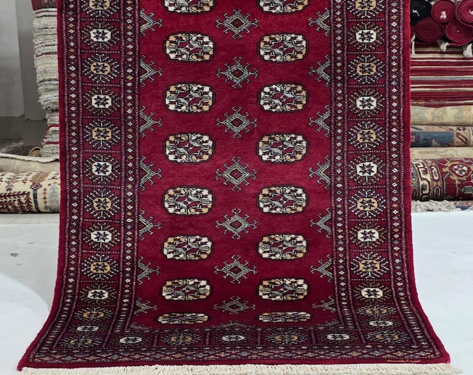 3 X 5 ft Red Geometrical Handmade, Mori Bokhara Cotton and Wool