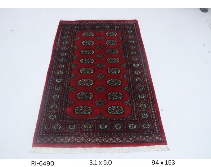 3.1 X 5.0 ft Red Geomatrical Handmade Runner, Mori Bokhara Cotton and Wool